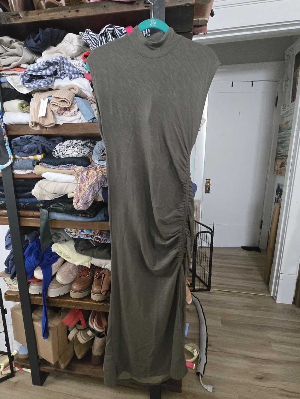 Daily Practice X Anthropologie Sleeveless Olive Midi Dress with Side Ruching